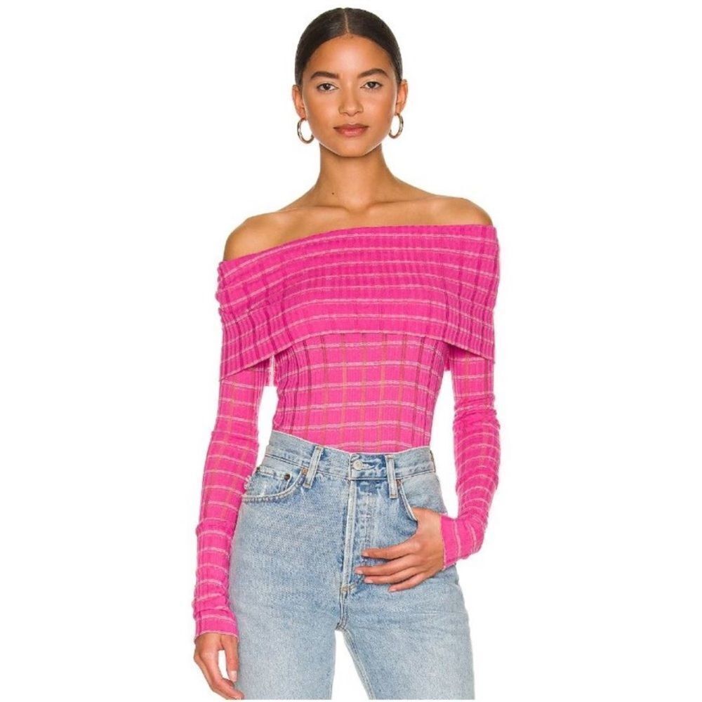 Free People Snowbunny Off the Shoulder Long Sleeve Top in Fuschia Fizz Combo XS